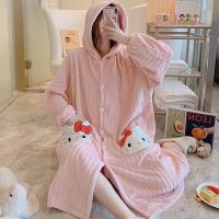 珊瑚绒睡袍睡衣女秋冬季可爱KT猫加厚法兰绒浴袍春天可外穿家居服
