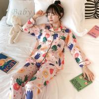 睡衣女春秋季冰丝薄款可爱涂鸦真丝绸长袖两件套装学生冬天家居服