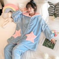 珊瑚绒睡衣女秋冬季法兰绒两件套装加厚可爱粉蓝春天可外穿家居服