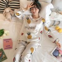 冰丝睡衣女春秋季可爱西瓜薄款长袖两件套装学生大码真丝绸家居服