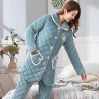 珊瑚绒睡衣女秋冬季三层加厚夹棉套装法兰绒加绒春可爱月亮家居服