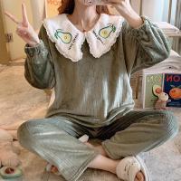 珊瑚绒睡衣女秋冬季可爱墨绿法兰绒两件套装加厚春天可外穿家居服