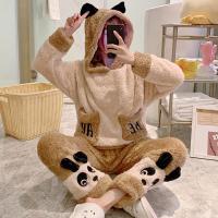 珊瑚绒睡衣女秋冬季可爱棕熊法兰绒加厚春天两件套装可外穿家居服