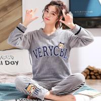 珊瑚绒睡衣女秋冬季灰色法兰绒套装加厚可爱保暖大码春学生家居服