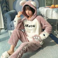 珊瑚绒睡衣女秋冬季脚印法兰绒套装加厚保暖可爱春学生连帽家居服