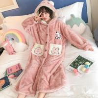 珊瑚绒睡衣睡袍女秋冬季可爱字母熊加厚法兰绒浴袍春可外穿家居服