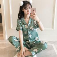 睡衣女士夏季冰丝短袖长裤两件套装绿花韩版清新学生真丝绸家居服