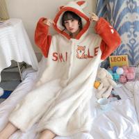 睡袍女秋冬季珊瑚绒睡衣橘红加厚保暖法兰绒浴袍连帽春可爱家居服