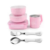 原装进口美国辛克宝贝Thinkbaby 儿童不锈钢餐具套装 6件套 粉色