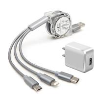 伸缩一拖三数据线快充安卓多头三合一手机快充电线器|经典款[线+充电头]极光银1米