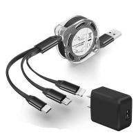 伸缩一拖三数据线快充安卓多头三合一手机快充电线器|加长版[线+充电头]曜石黑1.5米