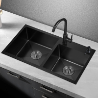 德国纳米厨房水槽双槽手工加厚304不锈钢黑色家用洗菜盆洗碗水池