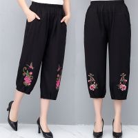 中老年女裤七分裤中裤棉麻绣花妈妈夏季奶奶装休闲裤老年人