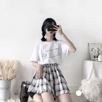 日系学院风套装白色T恤短袖女宽松小清新格子短裙半身裙两件套