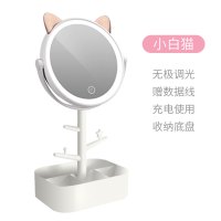 化妆镜台式led带灯梳妆美妆补光桌面智能收纳盒一体领网红女便携|小白猫收纳充电款LED无极调光【赠数据线代写贺卡】