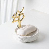 欧美式创意沥水陶瓷肥皂盒个性家用卫生间高档皂碟皂托首饰架托盘|白色镀金不带沥水口