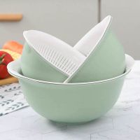 双层洗菜篮加厚厨房淘米器沥水篮子客厅创意家用水果盘漏盆|[新加厚双层]北欧浅绿 双层三件套(大号+中号+小号)