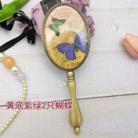 欧式复古青铜金属手柄镜子女化妆镜小号便携随身公主圆手持镜|黄底紫绿两只蝴蝶