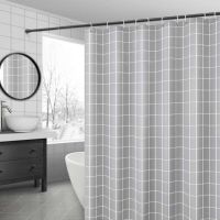 免打孔u型浴帘杆套装伸缩淋浴杆浴室挂帘弧形杆淋浴房防水隔断帘|北欧灰格[涤纶加厚款] 打孔U型B款