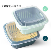 水果沥水篮双层带盖洗菜篮大号厨房收纳盒密孔冰箱沥水保鲜盒a|果篮浅绿大号+深蓝大号
