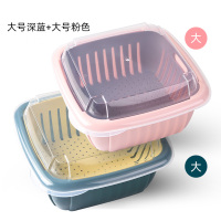 水果沥水篮双层带盖洗菜篮大号厨房收纳盒密孔冰箱沥水保鲜盒a|果篮深蓝大号+粉色大号