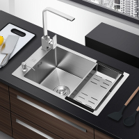 厨房单槽304不锈钢手工盆水槽侧装龙头孔左手盆单槽带刀架