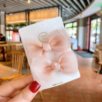 粉红色|韩版儿童网纱蝴蝶结发夹新款公主珠光纱扎头发头饰女孩领结边夹