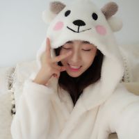 秋冬加厚法兰绒女生睡衣连帽系腰可爱卡通睡袍动物连体浴袍韩