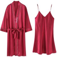 情侣丝绸睡衣女春秋夏季冰丝两件套装薄款宽松睡袍浴袍男士家居服