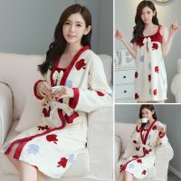 性感韩版睡衣女冬绒睡裙长袖法兰绒睡袍两件套浴袍家居服