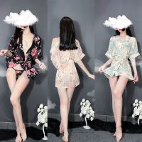 浴袍女夏大码雪纺极度诱惑睡裙情侣日系印花和服套装性感睡衣睡袍