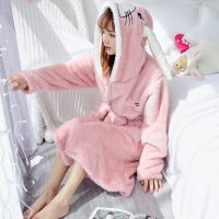 绒睡袍女秋冬加厚长袖系带连帽韩版学生卡通宽松法兰绒浴袍女