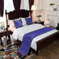 星级酒店宾馆民宿床尾巾床旗靠垫抱枕床盖桌旗床裙|素色雪尼尔贴花边墨水蓝 1.8米床(50cm*240cm)