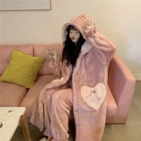 冬季长毛绒加厚中长款睡袍女可爱兔耳朵毛绒绒保暖睡衣浴袍家居服