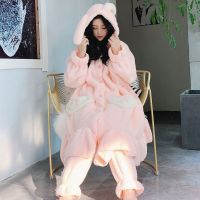 秋冬新款加绒加厚长袖开衫睡袍女生韩版可爱兔耳朵连帽浴袍保暖潮