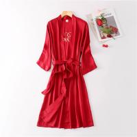 睡袍女春秋夏季冰丝绸结婚睡衣新娘晨袍大红色化妆伴娘浴袍家居服