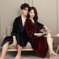 春秋季情侣睡袍女金丝绒冰丝浴袍男士薄款夏天鹅绒睡衣冬浴衣长款