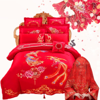婚庆四件套大红 床上用品全棉纯棉磨毛刺绣贡缎结婚蕾丝1.8床婚房