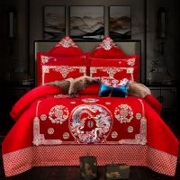 婚庆纯棉四件套床上用品{送皮包}绣花大红全棉多件套结婚刺绣被套