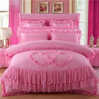 韩版夹棉床裙四件套结婚床上用品大红婚庆蕾丝床罩4件套