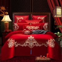 新婚庆四件套大红色全棉刺绣纯棉结婚喜被子婚礼婚房龙凤床上用品
