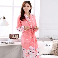 秋冬新款法兰绒睡袍女花朵绒睡衣室内家居服中长款浴衣浴袍