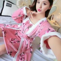 加厚法兰绒睡袍两件套性感浴袍长袖女士睡衣绒睡裙冬季家居服
