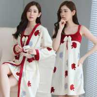 睡衣女秋冬季绒睡裙长袖加厚法兰绒性感睡袍两件套浴袍家居服