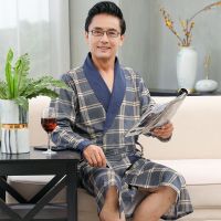 男士睡袍纯棉春秋季长袖中长款薄款浴袍大码中老年爸爸全棉家居服