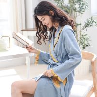 睡袍女春秋纯棉长袖家居服全棉中长款睡衣日系简约系带睡裙浴袍
