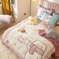 加绒卡通四件套牛奶绒粉红花边被套加厚保暖珊瑚绒床笠少女心