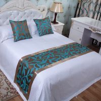 床旗床尾巾奢华酒店宾馆家用民宿北欧式简约现代新中式床盖垫|蓝色相思叶 1.8米床用50*240