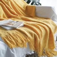 新款针织纯色床尾巾美式装饰毛线毯酒店床尾毯宾馆床旗床盖ins|黄色大菱形 小号127*180cm(含苏)