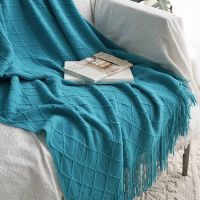 新款针织纯色床尾巾美式装饰毛线毯酒店床尾毯宾馆床旗床盖ins|孔雀蓝大菱形 小号127*180cm(含苏)